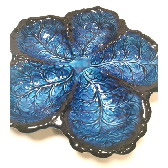 Serving DIsh Vintage Inarco Japan Mood Indigo FIve Section Cabbage Leaf - Picture 6 of 10